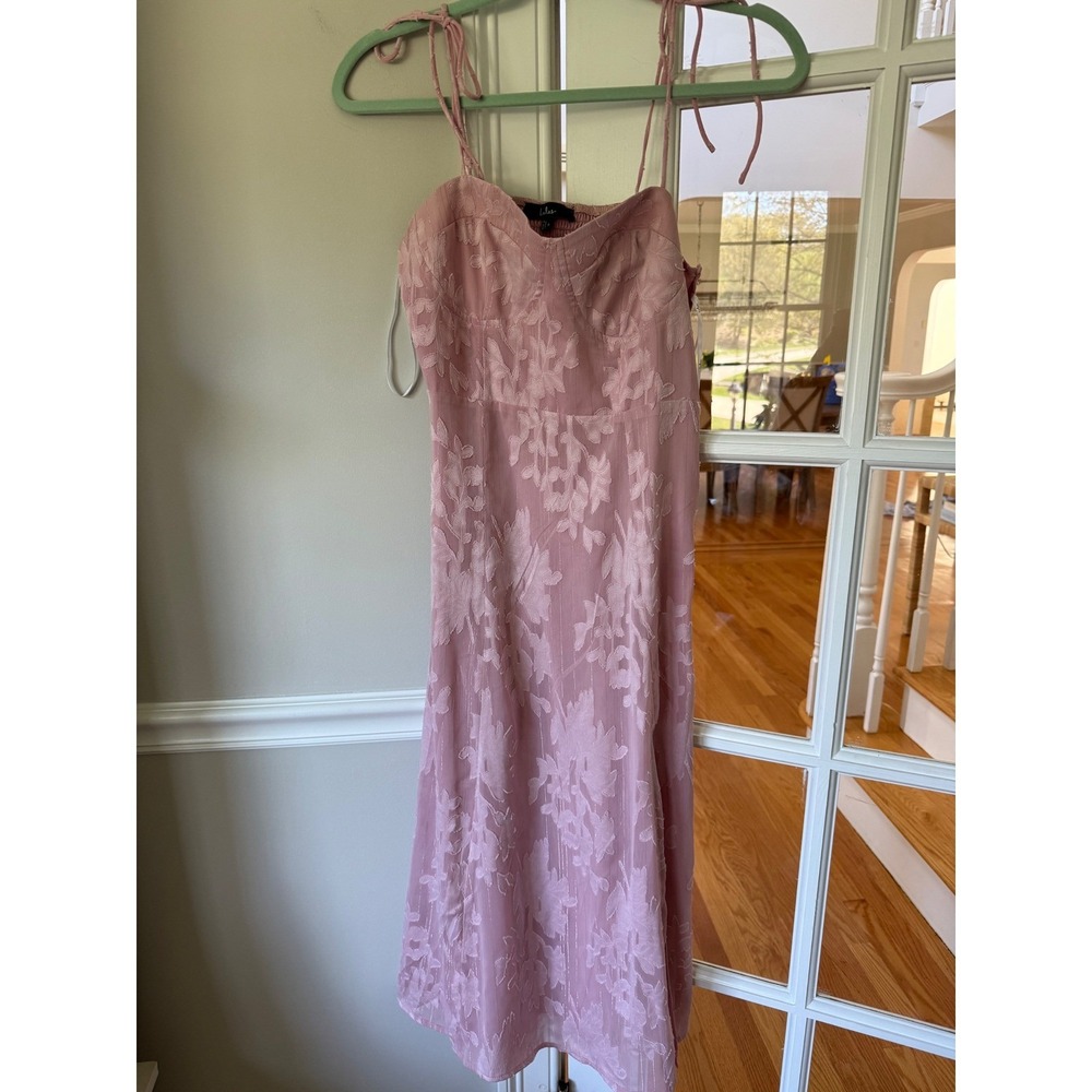 Lulus Lavender Pink Floral Burnout Jacquard Midi Dress Tie Strap Smocked Small - Picture 3 of 7